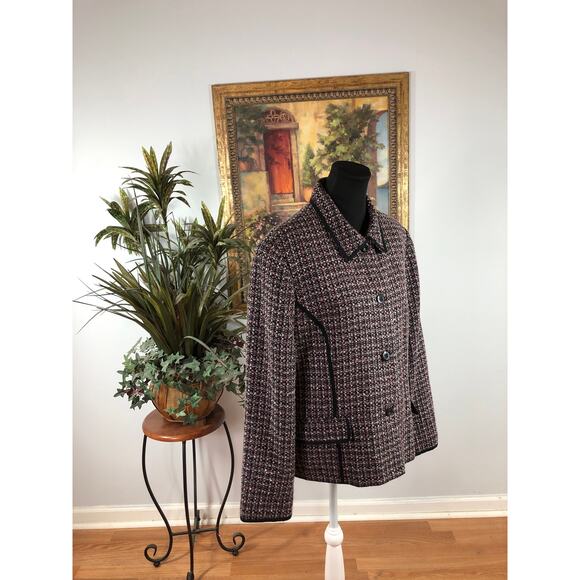 JM Collection Tweed Jacket Size 18 Contrasting Black Trim Button Up 4 Buttons - Picture 2 of 8
